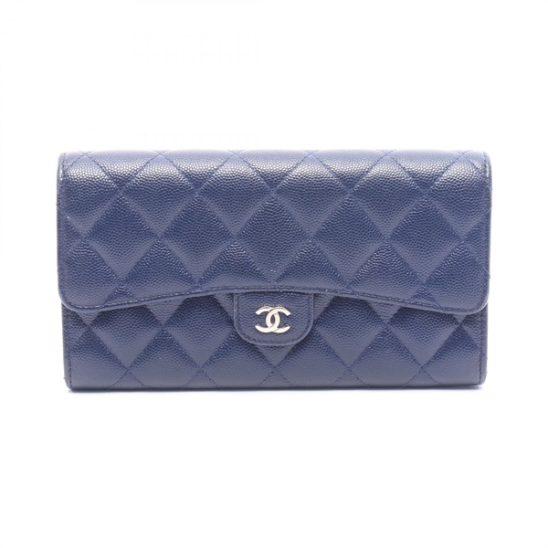 CHANEL Matelasse Bifold purse wallet Calfskin leather Navy Used Women SHW