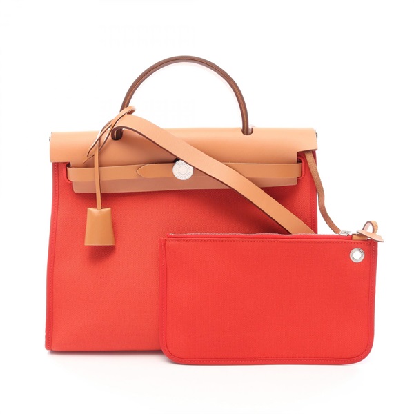 HERMES Herbag Zip PM Crossbody Tote Handbag canvas leather Red SHW Used A