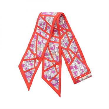 HERMES Twilly Rive Droite Rive Gauche Ribbon Scarf Wrap Stole silk Red Used