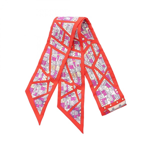 HERMES Twilly Rive Droite Rive Gauche Ribbon Scarf Wrap Stole silk Red Used