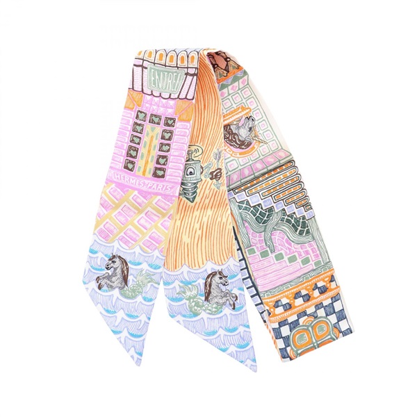 HERMES Twilly SUPER SILK QUEST Ribbon Scarf Wrap Stole silk Multicolor Used