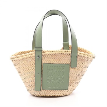 LOEWE Basket Small Tote Shoulder Handbag leather Raffia Beige Green Used Women