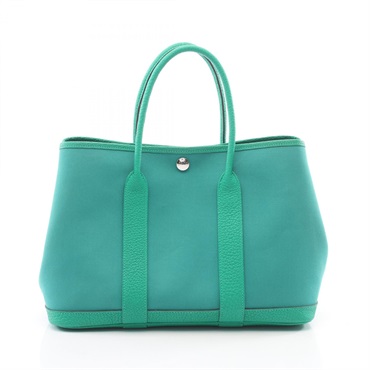 HERMES Garden Party TPM Tote Handbag Toile officier canvas leather Menthe Used W