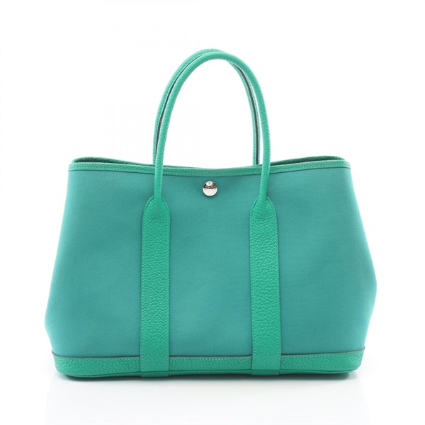HERMES Garden Party TPM Tote Handbag Toile officier canvas leather Menthe Used W