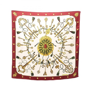 HERMES Carre90 LES CLES Scarf Stole Shawl silk White Bordeaux Multicolor Used