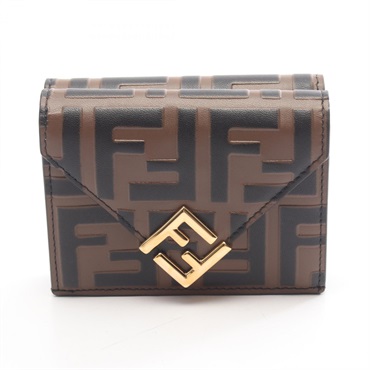 FENDI FF Diamond Tri-fold wallet 8M0480 leather Brown Black Used Women