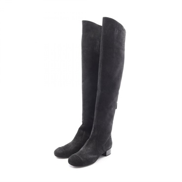 CHANEL COCO Mark Knee-high Socks Long Boots Suede Black Used Women CC