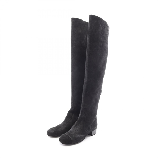 CHANEL COCO Mark Knee-high Socks Long Boots Suede Black Used Women CC
