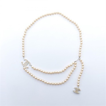 CHANEL COCO Mark belt ceinture 04 V Metal artificial pearl Silver White Used