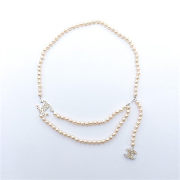 CHANEL COCO Mark belt ceinture 04 V Metal artificial pearl Silver White Used