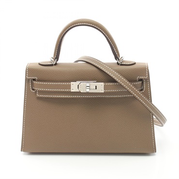 HERMES Mini Kelly 2 2way shoulder Hand bag W Epsom leather etoupe SHW W