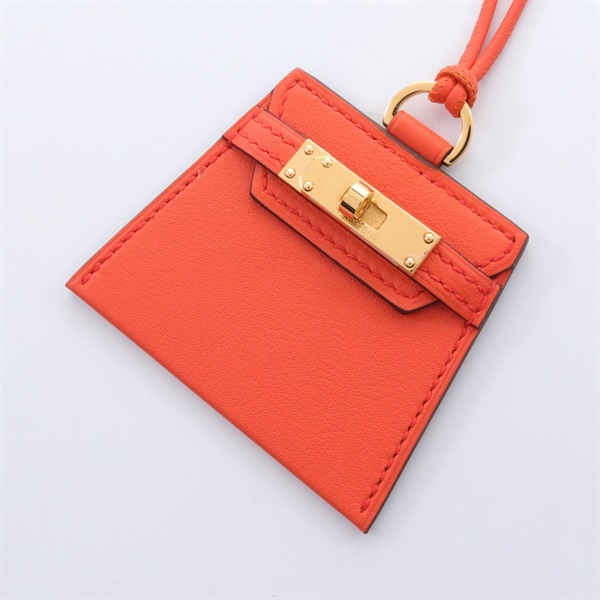 HERMES Mont Petit Kelly GM long Necklace penant 78cm Swift leather Orange GHW