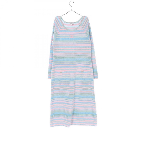 CHANEL Dress #40 stripe P74604K10672 cotton Fabric Blue Pink Green Used
