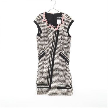 CHANEL Dress #42 sleeveless P38348 V27336 cotton Nylon cashmere White Black CC