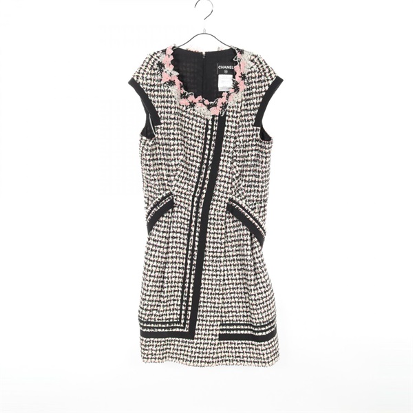 CHANEL Dress #42 sleeveless P38348 V27336 cotton Nylon cashmere White Black CC