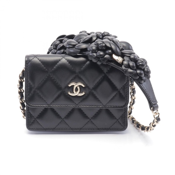 CHANEL Matelasse Camellia chain crossbody Shoulder Bag leather Black Used GHW