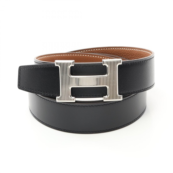 HERMES Constance H Belt Box calf Epsom leather Black Brown Gold Used mens C SHW