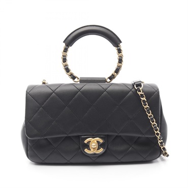 CHANEL Matelasse Top Handle Hand chain Shoulder Bag leather Black Used Women GHW