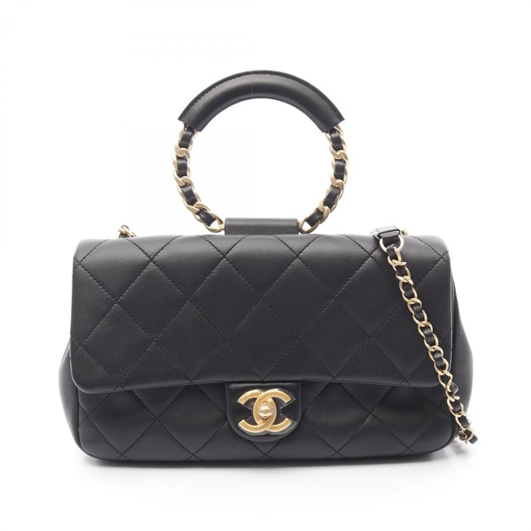 CHANEL Matelasse Top Handle Hand chain Shoulder Bag leather Black Used Women GHW