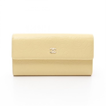 CHANEL Camelia Bifoldpurse wallet leather Grained calfskin Yellow Used Women GHW