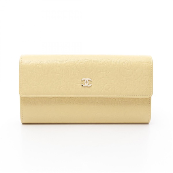 CHANEL Camelia Bifoldpurse wallet leather Grained calfskin Yellow Used Women GHW