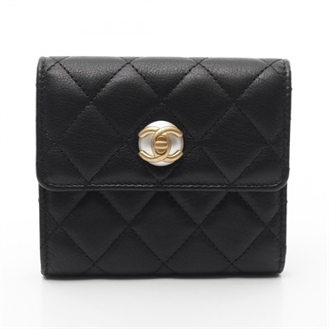 CHANEL Matelasse COCO Mark Pearl Tri-fold wallet AP0902 leather Black Used GHW
