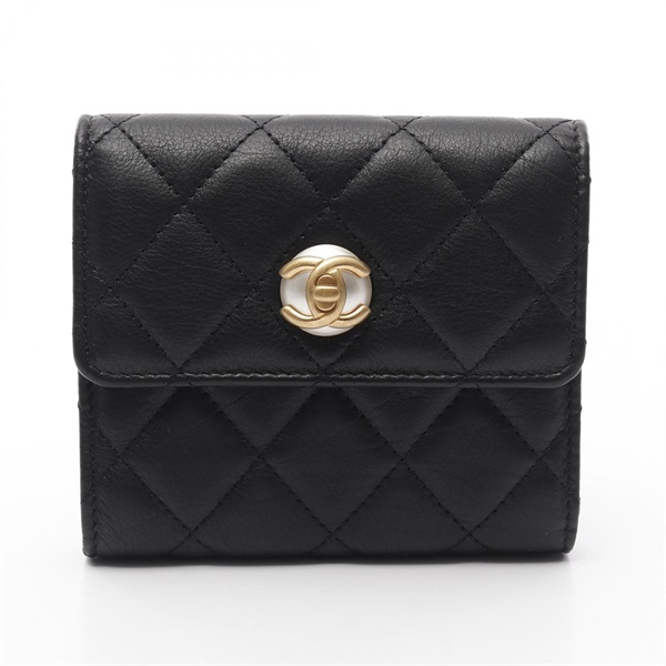 CHANEL Matelasse COCO Mark Pearl Tri-fold wallet AP0902 leather Black Used GHW