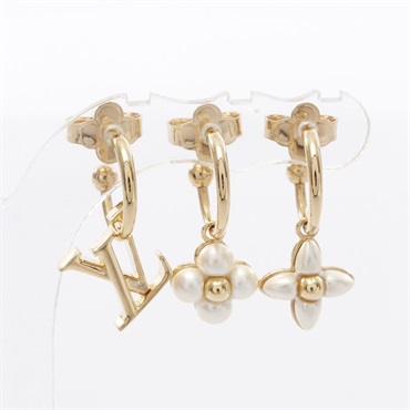LOUIS VUITTON LV Floragram 3 Pierced earrings Gold Plated Artificial pearl Used
