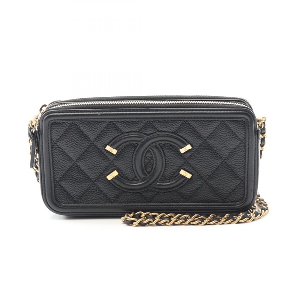 CHANEL CC Filigree Matelasse Shoulder Bag wallet A84450 leather Black Used GHW