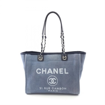 CHANEL Deauville Chain Tote Bag A67001 canvas leather Blue Used Women SHW COCO