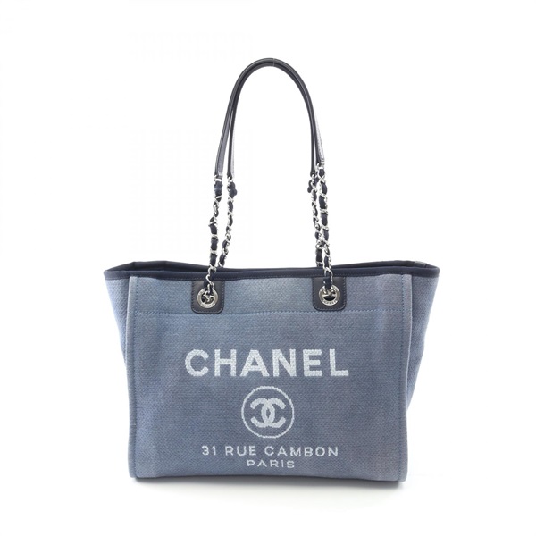 CHANEL Deauville Chain Tote Bag A67001 canvas leather Blue Used Women SHW COCO