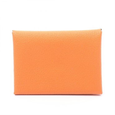HERMES Calvi duo coin purse wallet Chevre leather Orange Used Women W