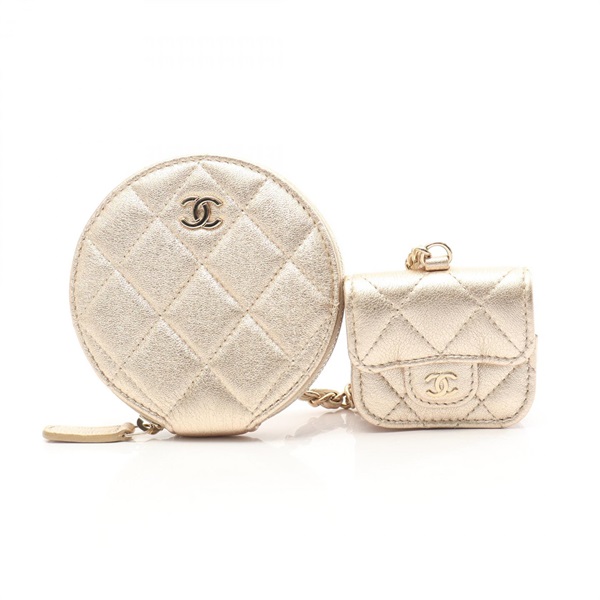 CHANEL Matelasse Coin purse wallet Airpods case Lambskin Used Women CC Coco GHW