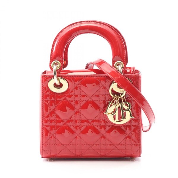 Christian Dior Lady Dior Mini Cannage 2Way Shoulder Handbag Patent leather Red
