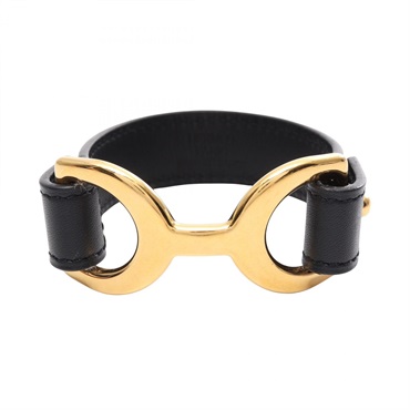 HERMES Pavane Bangle Bracelet Gold Plated leather Black Used Women 16cm