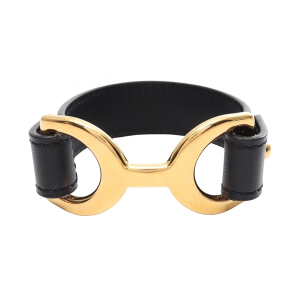 HERMES Pavane Bangle Bracelet Gold Plated leather Black Used Women 16cm