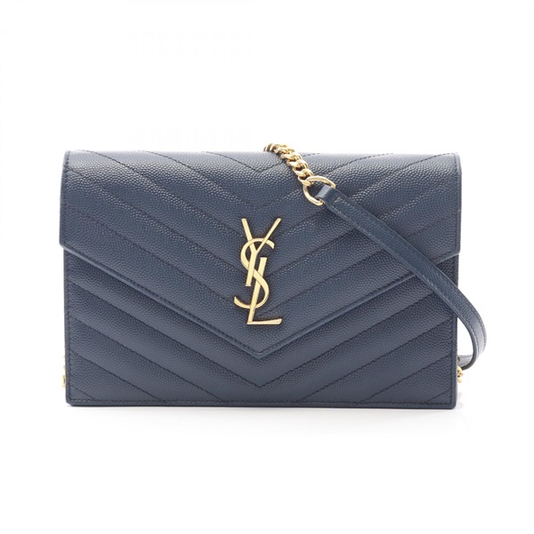 YVES SAINT LAURENT Monogram envelope Chain Shoulder Bag leather Navy Used Women