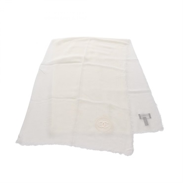 CHANEL COCO Mark embroidery Stole wrap cashmere Modal White Used Women CC
