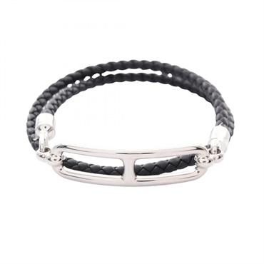 HERMES Roulis Double Tour Bracelet Stainless Steel leather Black Used Women