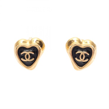 CHANEL COCO Mark Heart Pierced earrings Gold Plated Black Used women CC