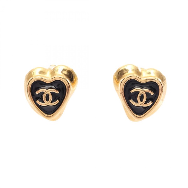 CHANEL COCO Mark Heart Pierced earrings Gold Plated Black Used women CC