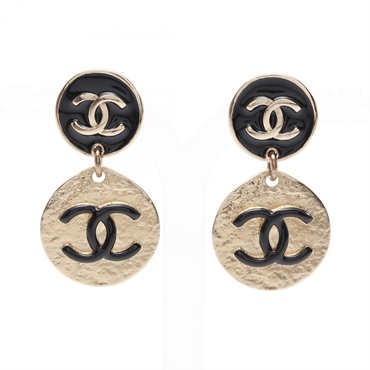 CHANEL Double COCO Mark round Pierced earrings Gold Plated Black Used CC
