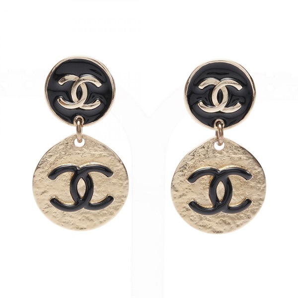 CHANEL Double COCO Mark round Pierced earrings Gold Plated Black Used CC