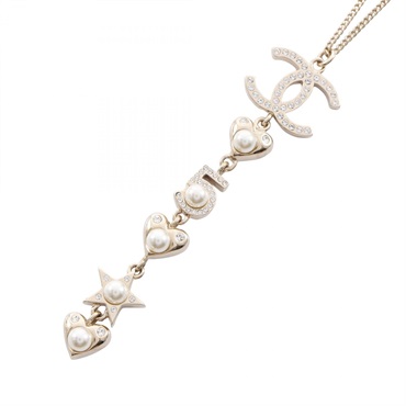 CHANEL COCO Mark Heart Star Necklace Gold Plated Rhinestone Artificial pearl CC