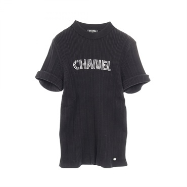 CHANEL T-shirt short sleeves knitwear tops cotton Black Used Women CC logo #36