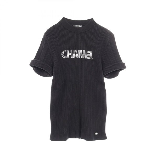 CHANEL T-shirt short sleeves knitwear tops cotton Black Used Women CC logo #36