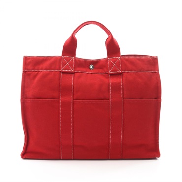 HERMES Sac Deauville MM Tote hand Bag canvas Red Used Women SHW