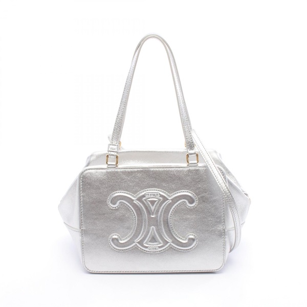 CELINE Fold Cube Triomphe Shoulder Bag leather Silver Used Women crossbody