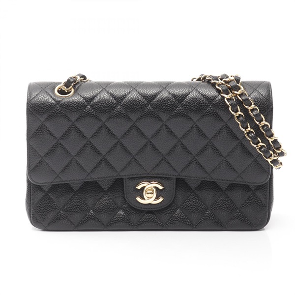 CHANEL Matelasse W flap chain Shoulder hand Bag A01112 Calfskin Black Used GHW