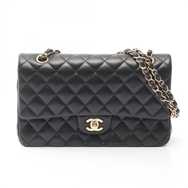 CHANEL Matelasse W flap chain Shoulder Bag A01112 Lambskin Black Used GHW